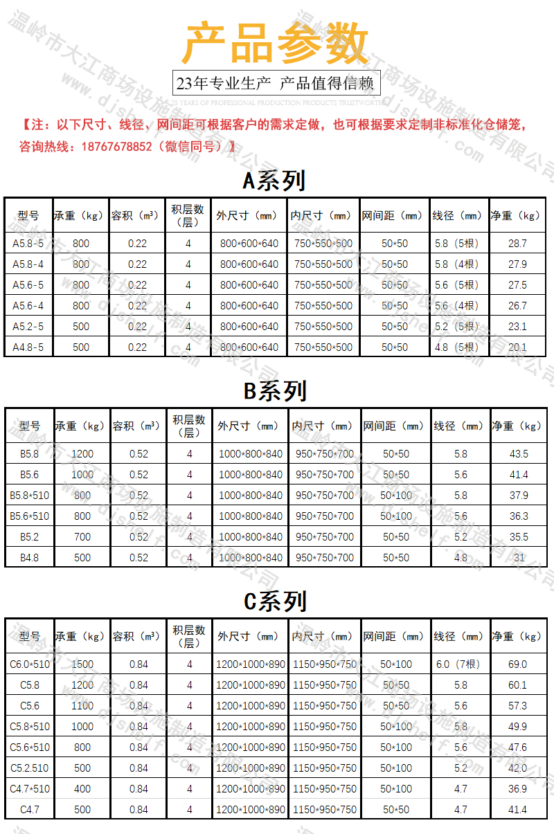 2021年最新倉儲籠規格參數表-大江倉儲籠
